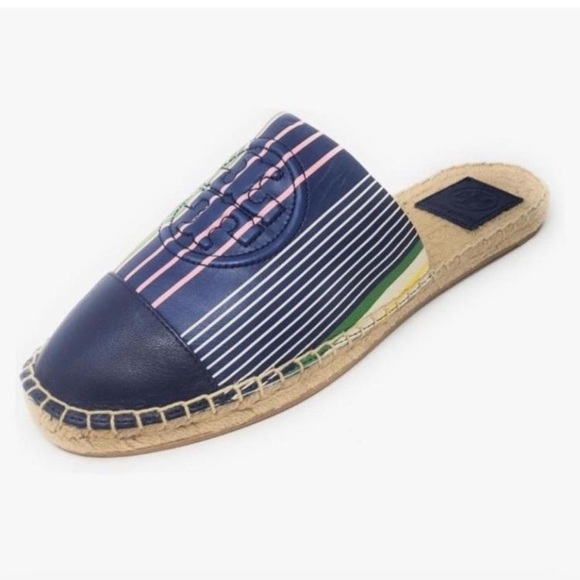 Tory Burch Shoes - 🆕 Striped Navy Espadrille Mule with Pink & Green Accents! 💥